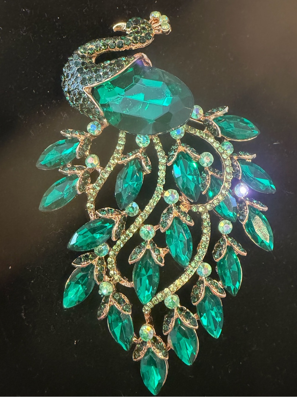 Massive Vintage Emerald Green Peacock Rhinestone Brooch. Anthropomorphic Kitschy
